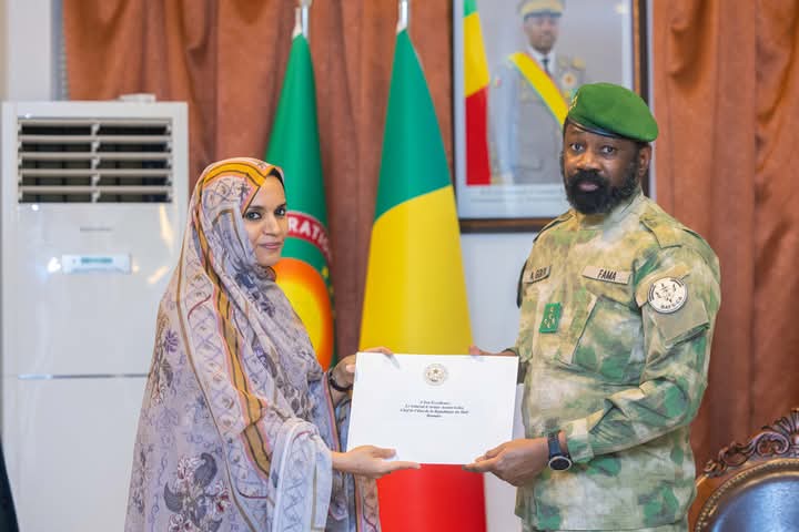 الوزيرة آمال بنت مولود خلال تسليمها رسالة للرئيس المالي عاصيمي غويتا