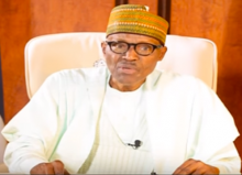 الرئيس النيجيري محمدو بخاري خلال إلقائه خطابا موجها للنيجيريين بعد عودته من رحلته العلاجية.